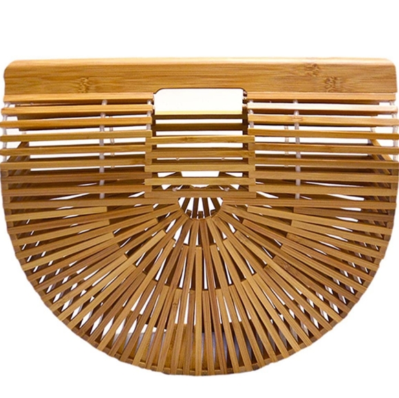 Bamboo Purse Tan Light Brown Woven Wicker Style Hippie Tote Bohemian Beach Bag - Picture 1 of 11